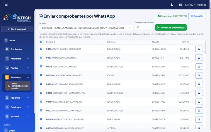 Envío de comprobantes de planilla por WhatsApp a cada empleado