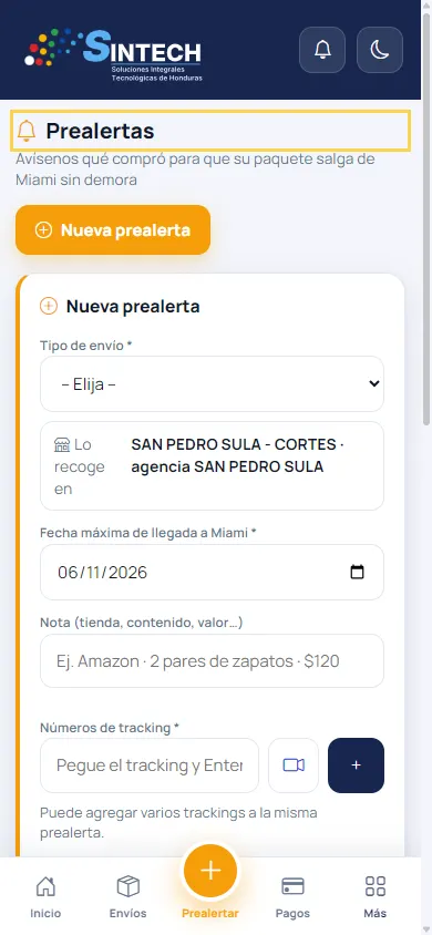 Formulario de prealerta en el portal del cliente