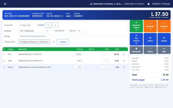 Pantalla de facturación del punto de venta con productos agregados
