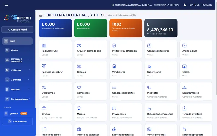 Menú principal del punto de venta POSweb