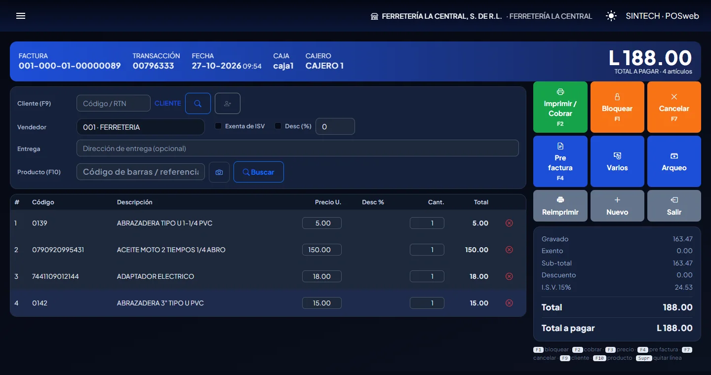 Pantalla de facturación del punto de venta con puntos explicativos
