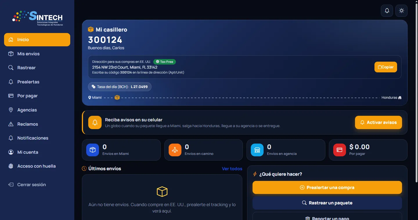 Portal del cliente en modo noche